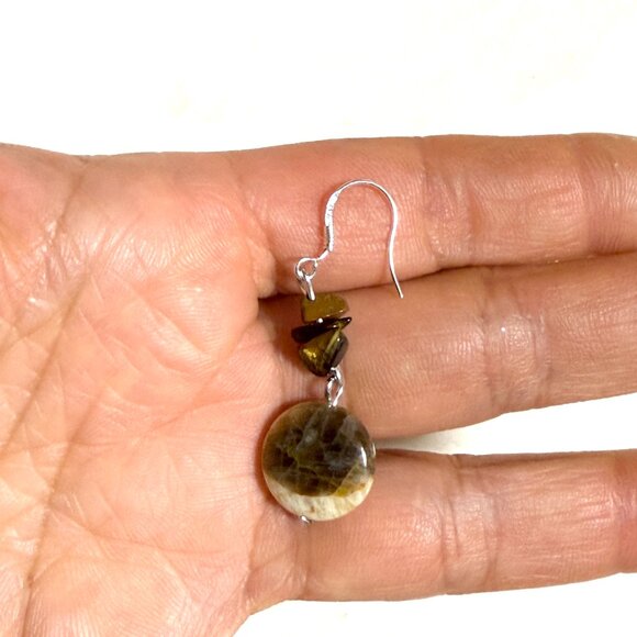 2/$20, Genuine Yellow Septarian Stone & Tigers Eye Gemstone Silver Hook Earrings - Picture 9 of 10